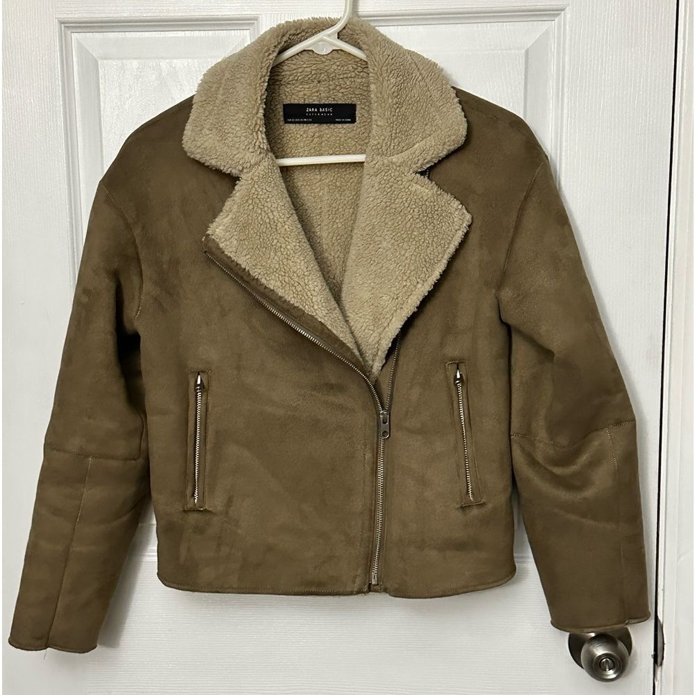 Zara Suedette Faux Shearling Coat Pilot Jacket Zip Closure and Pockets EUC XS